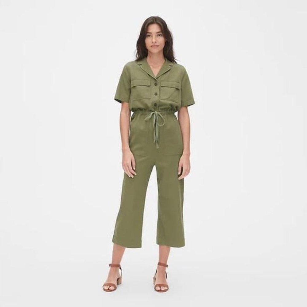 gap utility twill cropped jumpsuit in stone - 0
